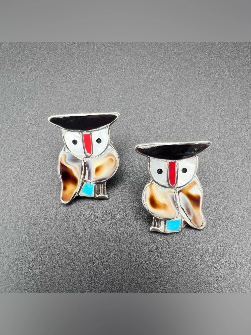 Native American Zuni Inlay Owl Earrings